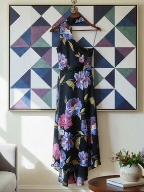 Venus Black Multicolor Satin Floral Print Cascade High‑Low Halter Dress Size 12